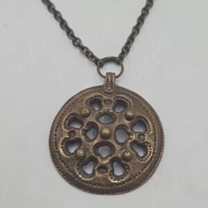 Vintage 60s Kalevala Koru Finland Bronze Brutalist Pendant Necklace 26" Chain